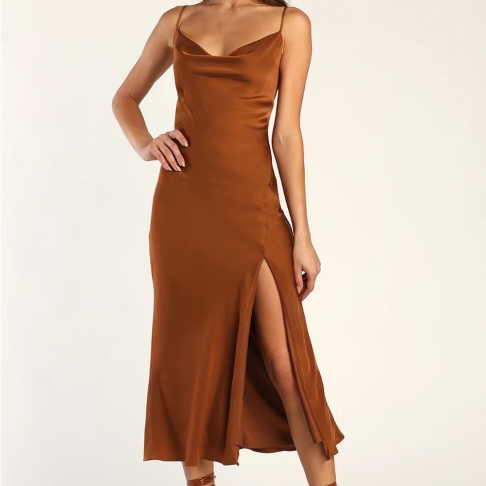 Lulus Romance Starter Brown Satin Cowl Neck Midi Slip Dress NWT